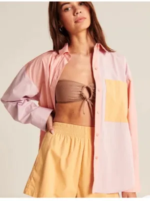 Abercrombie & Fitch Oversized Poplin Pastel Colorblock Button Up Shirt Small thumbnail 2