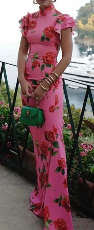 Pink Floral Rose Cheongsam Maxi Dress Mandarin Ruffle M y2k romantic dainty boho thumbnail 1