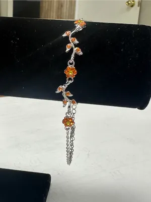 Silver Floral Bracelet with Bright Orange Crystal Accents thumbnail 4