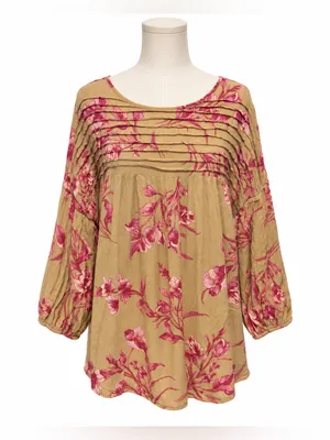 Easel Los Angeles Floral Boho Top Size Medium Pink Tan Pleated Gauze Blouse thumbnail 2