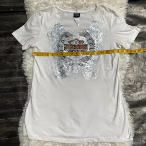 Harley Davidson White Graphic Tee Shirt Silver Floral Print Big Barn Carnival thumbnail 6