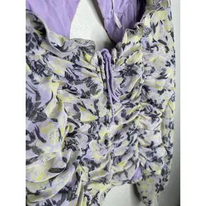Free People Floral Ruched Blouse Womens Medium Long Sleeve Lace Up Smocked Back thumbnail 2