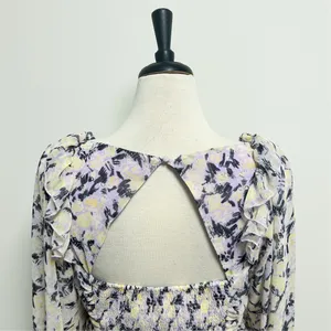 Free People Mabel Lilac Combo Purple Yellow Floral Sheer Puff Sleeve Top Large thumbnail 6