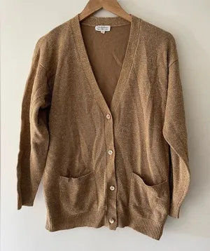 Calvin Klein‎ Women’s Gold Metallic Shimmer Wool Sweater Cardigan Vintage thumbnail 1