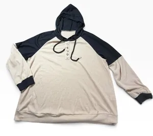 Womens Waffle Knit Colorblock Henley Hoodie Navy Cream Raglan Thermal Top XL thumbnail 1
