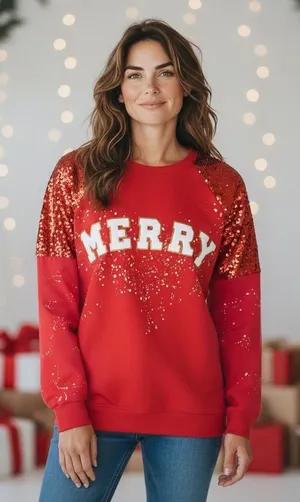 Southern Grace Merry Festive Red Sequin Sweatshirt Lg thumbnail 1