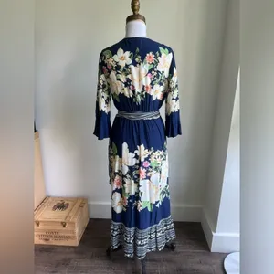 Farm Rio Anthropologie Midnight Flower Wrap Dress Blue Floral Cottage Small thumbnail 5