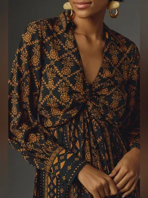 Farm Rio Long-Sleeve‎ V-Neck Printed Tie Front Midi Dress Womens Size XXS thumbnail 3