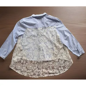 Womens Blue White Striped Button Down Blouse Lace Back Pocket Size XL thumbnail 3