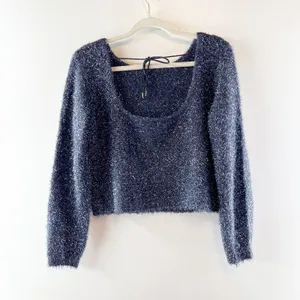 Anthropologie Long Sleeve Scoop Back Eyelash Sweater Navy Blue Small thumbnail 6