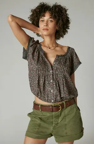 Lucky Brand Printed Button Front Peasant Top in Raven Multi thumbnail 1