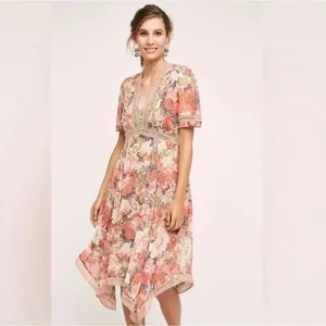 Ranna Gill Dress Floral V-Neck Embroidered Flowy Brown Rose Boutique Size 8 thumbnail 3