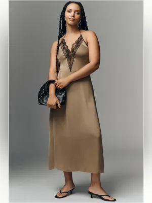 ANTHROPOLOGIE Lace Halter Midi Satin Slip Dress Taupe Size XL NEW thumbnail 5
