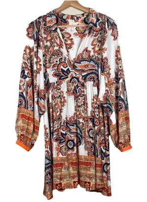 Free People Say‎ You Love Me Mini Dress Size M Orange Combo Paisley Boho Flowy thumbnail 1