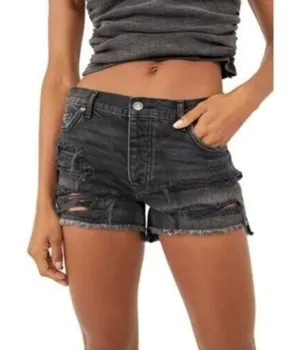 Free people Shorts Size 24 Button Fly Distressed Raw Hem Denim Black Jean Shorts thumbnail 1