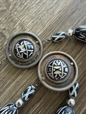 Bohemian whimsy goth witchy black white long necklace beaded medallions thumbnail 3