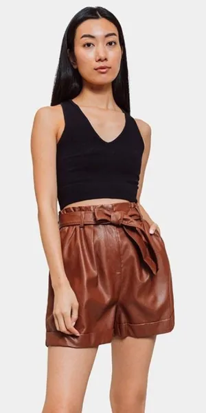 💖 NWT FRNCH Dina‎ Brown Faux Leather Paperbag Shorts thumbnail 1