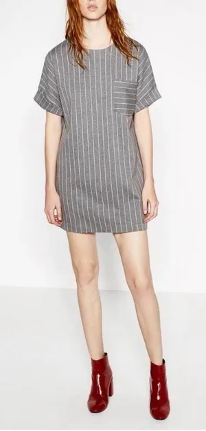 Zara Oversized‎ Pinstripe Tunic Mini Dress Women's S Gray Longline Shirt Dress thumbnail 1
