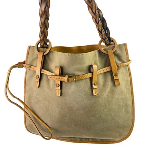 Gucci Women's Gray Green Braided Leather Straps Canvas Tote Shoulder Hand Bag thumbnail 3