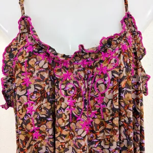 Natural Life Womens XS/S Floral Tiered Midi Dress Pink Embroidered Pockets Brown thumbnail 4