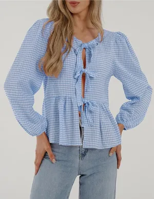 NWOT PRETTYGARDEN Babydoll Peplum Blouse Shirt Puff Long Sleeve Bow Tie Front XL thumbnail 1
