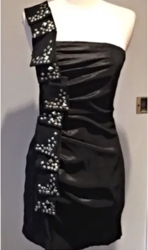 Jessica McClintock Black One-Shoulder Cocktail Dress with Stud Embellishment thumbnail 1
