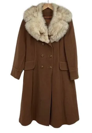 Vintage Wool Princess Coat Rabbit Fur Collar Union Made USA Brown Medium Large thumbnail 1