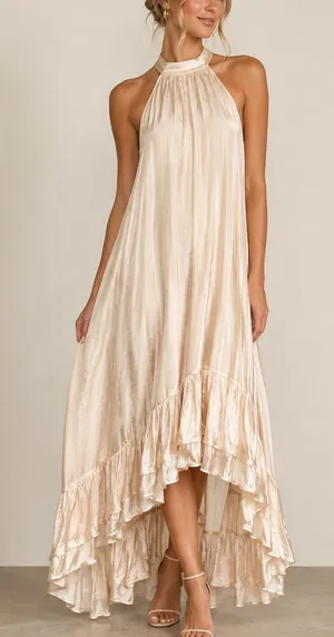 Mable Satin Halter Neck Champagne Color High-Low Dress - Size Medium thumbnail 1