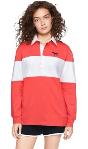 Womens Victorias Secret PINK Campus Dog Striped Polo Rugby Shirt Top - Sz XS thumbnail 1