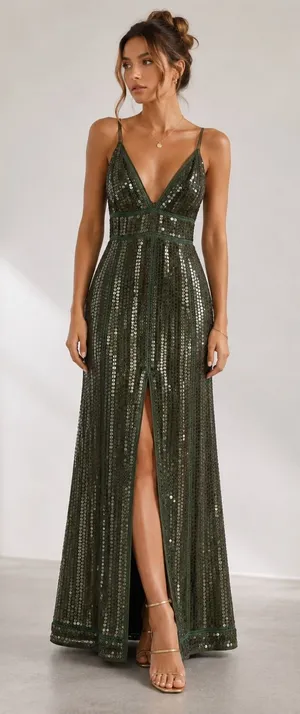 ASOS Olive Green Sequin Maxi Dress Deep V Front Slit Glam Evening Gown US 6 thumbnail 1