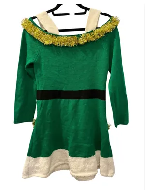 Elf Ugly Christmas Sweater Dress Cold Shoulder Green White Tinsel Trim Small thumbnail 2