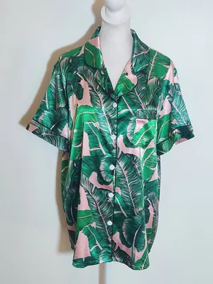 Green and Pink Tropical Palm Print Satin Pajama Set Size Large thumbnail 2