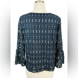 LOFT‎ Navy Blue Geometric Lace Bell Sleeve Blouse Top Small Romantic Feminine thumbnail 2