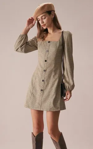 RIHOAS The Khaki Square Neck Plaid Button Mini Dress XS 05 thumbnail 1
