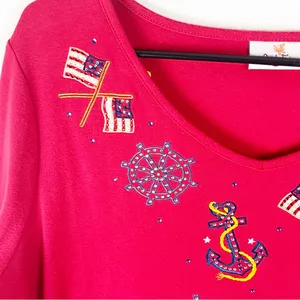 QUACKER FACTORY Red Long Sleeves Embellished Beaded Patriotic Top, Size Large thumbnail 7