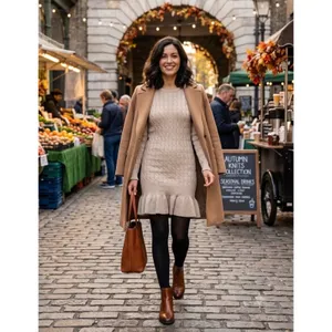 Beige Cable Knit Ruffle Hem Long Sleeve Sweater Dress thumbnail 4