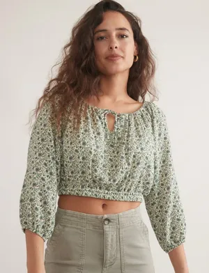 Marine Layer Tiana Double Cloth Cropped Floral Keyhole Tie Blouse XL thumbnail 1