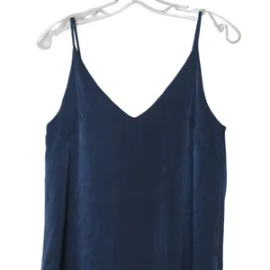 Aqua Satin Tunic Mini Dress, V-Neck Flowy Spaghetti Straps, Party Navy Blue XS thumbnail 3