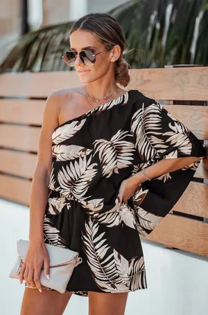 CUPSHE One Shoulder Tropical Palm Print Romper Black Resort Vacation NWT Large‎ thumbnail 1