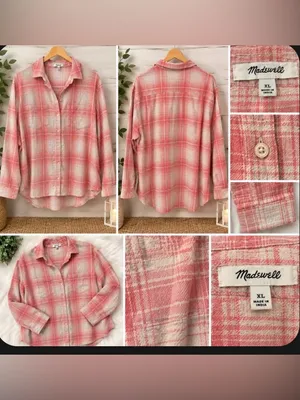 Madewell Coral and Cream Plaid Button-Down Shirt size xl thumbnail 3