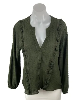 Zara Green Swiss Dots Ruffle V Neck Long Sleeve Button Up Shirt Blouse Top Sz S thumbnail 1
