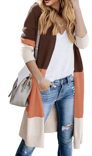 Lovaru Women Open Front Knit Colorblock Cardigan Sweaters, Loose Long Small thumbnail 1
