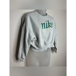 Nike off White Cropped Crew Sweatshirt Neon Green Navy logo spell out medium thumbnail 2
