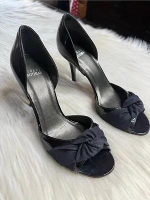 Stuart Weitzman Dark Navy Patent Leather Knotted Bow Heels thumbnail 1