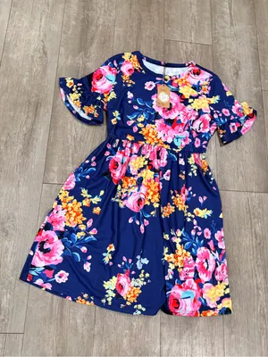 Navy Floral Ruffle Sleeve Women’s Dress thumbnail 5