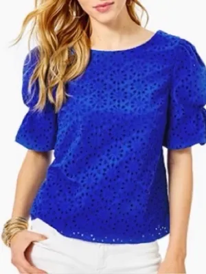 Lilly Pulitzer Shaila Top Size Small Blue Boho Eyelet Blouse Beach Summer thumbnail 1