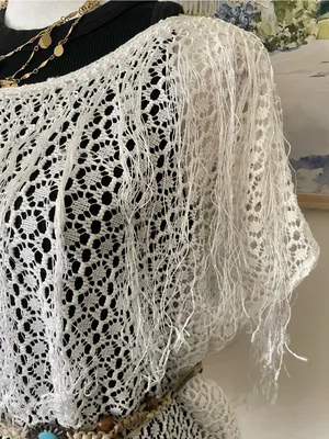 Free People New Romantics Crochet Open Knit Fringe Poncho Boho Blouse Top Large thumbnail 3