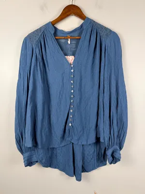 FREE PEOPLE Canyon Rose Button Down Top in Blue Size small thumbnail 2