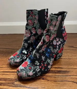 Floral Embroidered Black Ankle Boots - Women's thumbnail 1