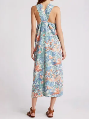 Faherty Bay Twist Seersucker Halter Midi Dress Floral Pastel Blue & Coral Sz XL thumbnail 2
